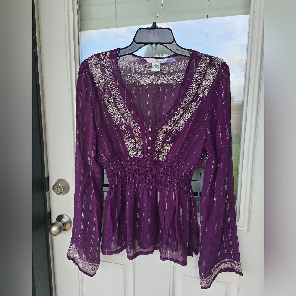 WD.NY 100% Silk Blouse Size 14 Purple Whilte Embroidered Flare Long Sleeves Y2k - Picture 10 of 14